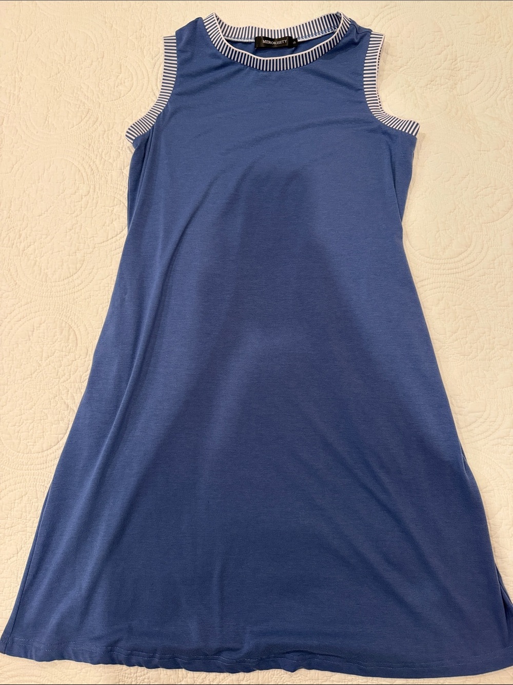 Women’s size S Blue Sleeveless Knit Dress with Striped Trim